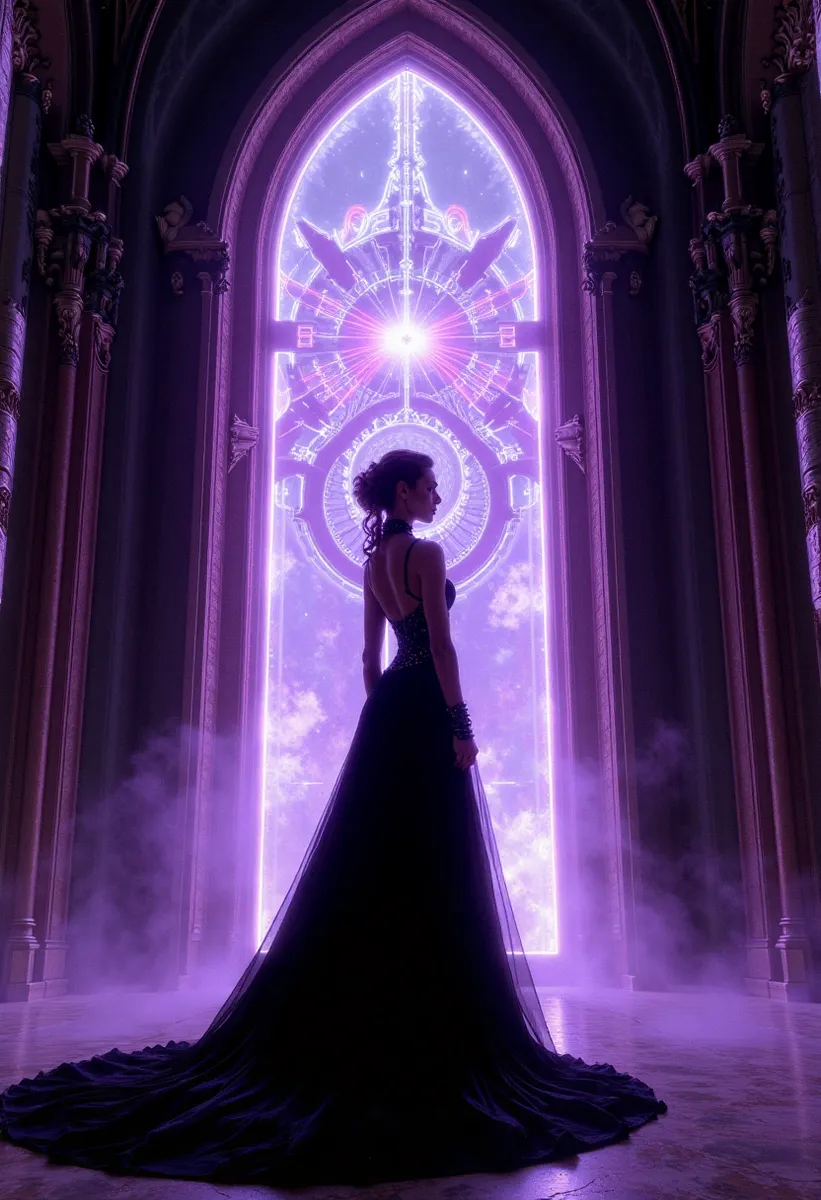 Silhouette of an elegant woman in a flowing dark gown standing before a large, glowing mechanical gate framed by neo-Gothic architecture with vivid purple backlighting and mist.