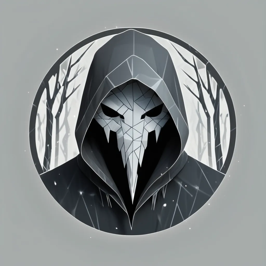 Low poly style logotype featuring a hooded ominous cyclops figure with one eye visible from shadows, in grey and black colors within a circular frame with bare trees.