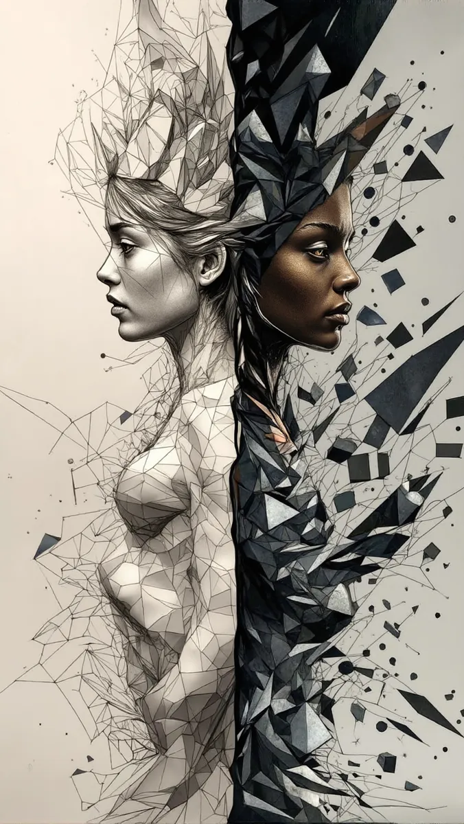 A dual-profile portrait of a woman transitioning from intricate line art on the left to fragmented geometric shapes in the center and photorealistic style on the right.