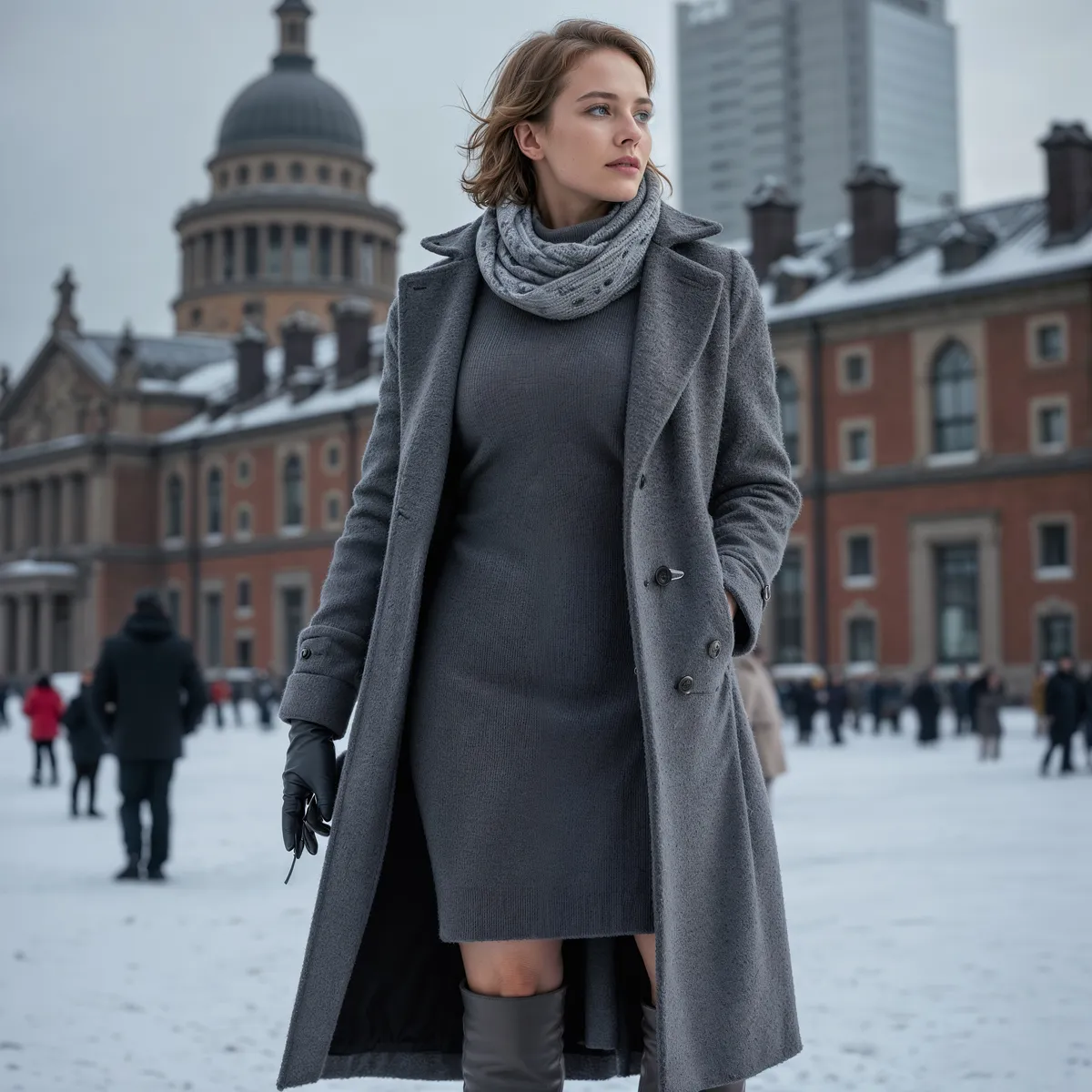 Woman wearing an elegant grey wool coat and knitted dress, standing in a snowy urban setting with dystopian architecture in the background.