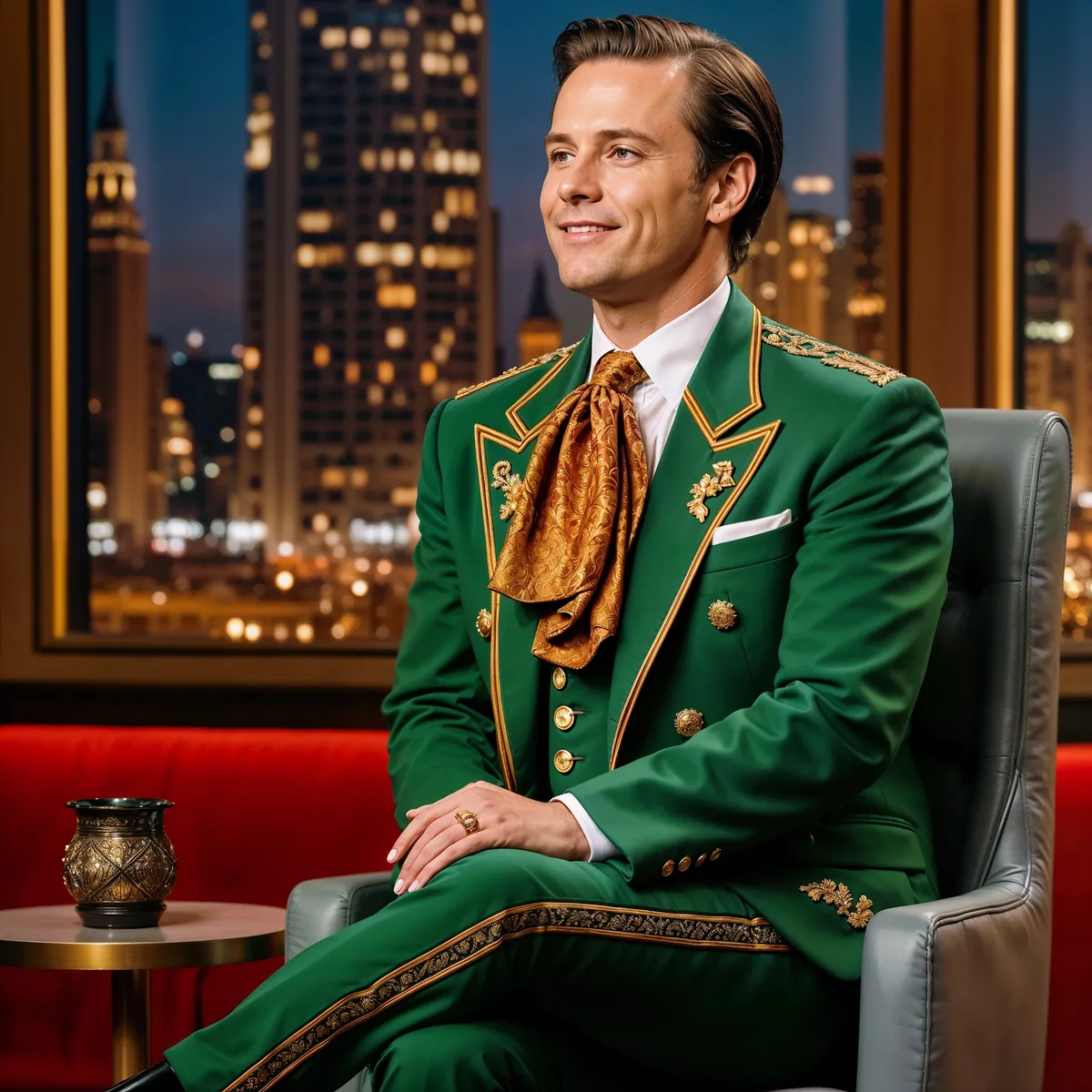Male talk show host wearing an emerald green tailored suit with gold embroidery and a vibrant gold patterned cravat, seated in a studio with a dystopian cityscape background.