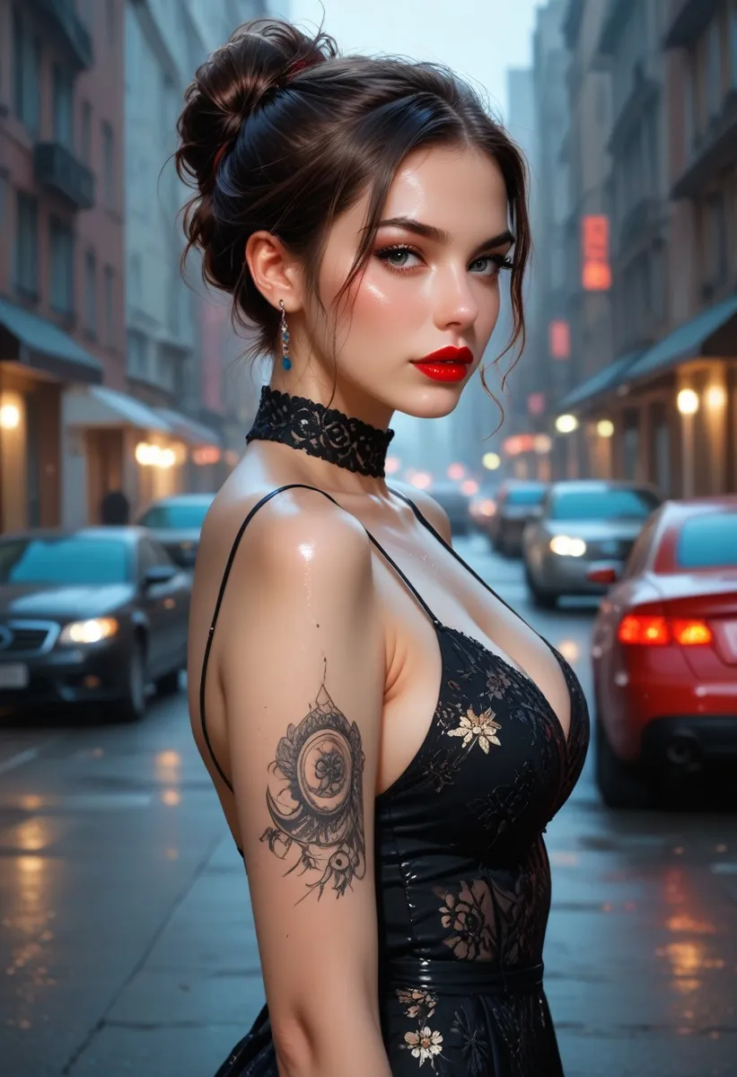 Side view of an elegant woman with a tattoo wearing a black floral embroidered dress, red lipstick, and a lace choker standing in an urban night street.
