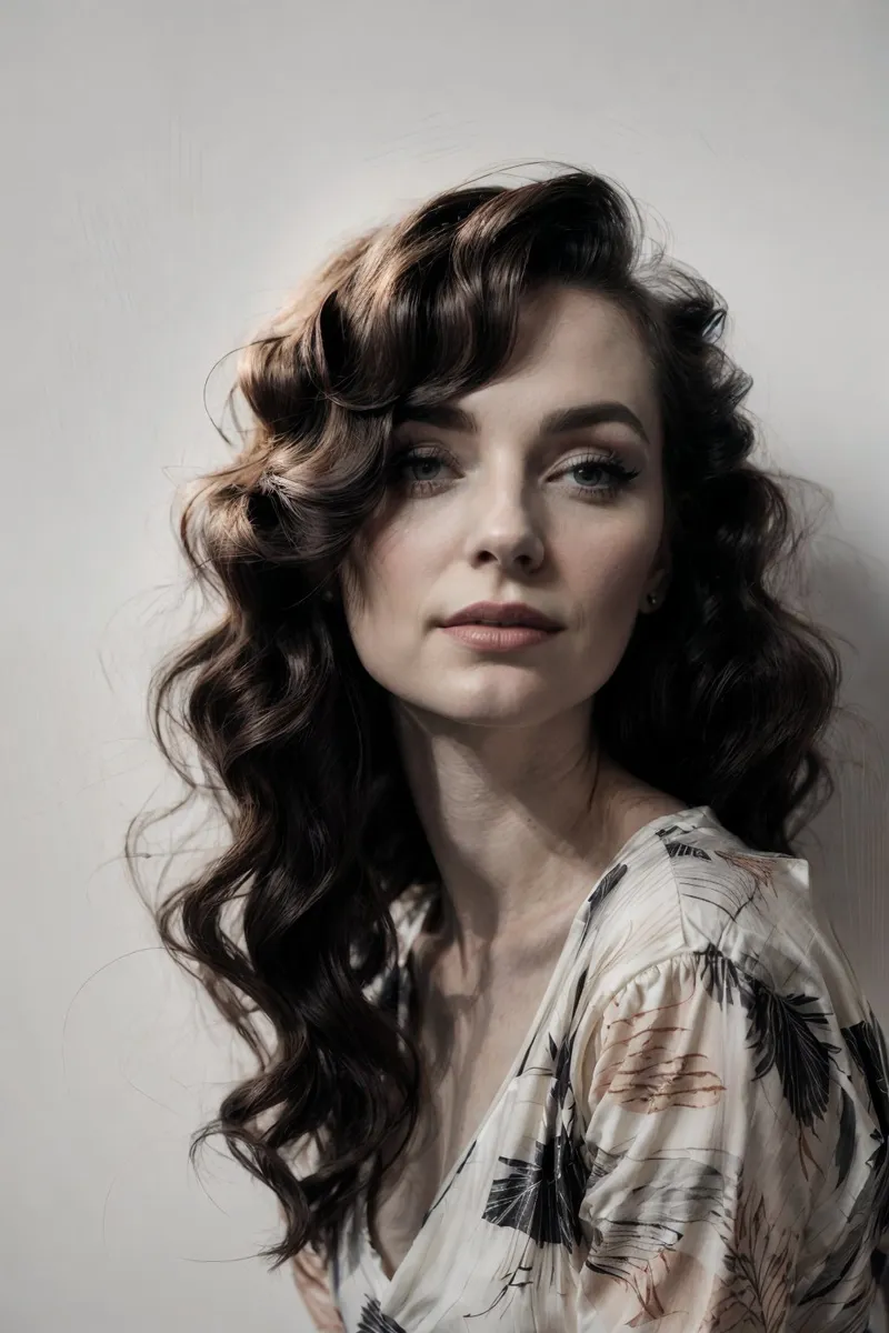 Portrait of a 40s jazz singer woman with vintage hairstyle wearing retro patterned dress against a white background, with soft natural lighting