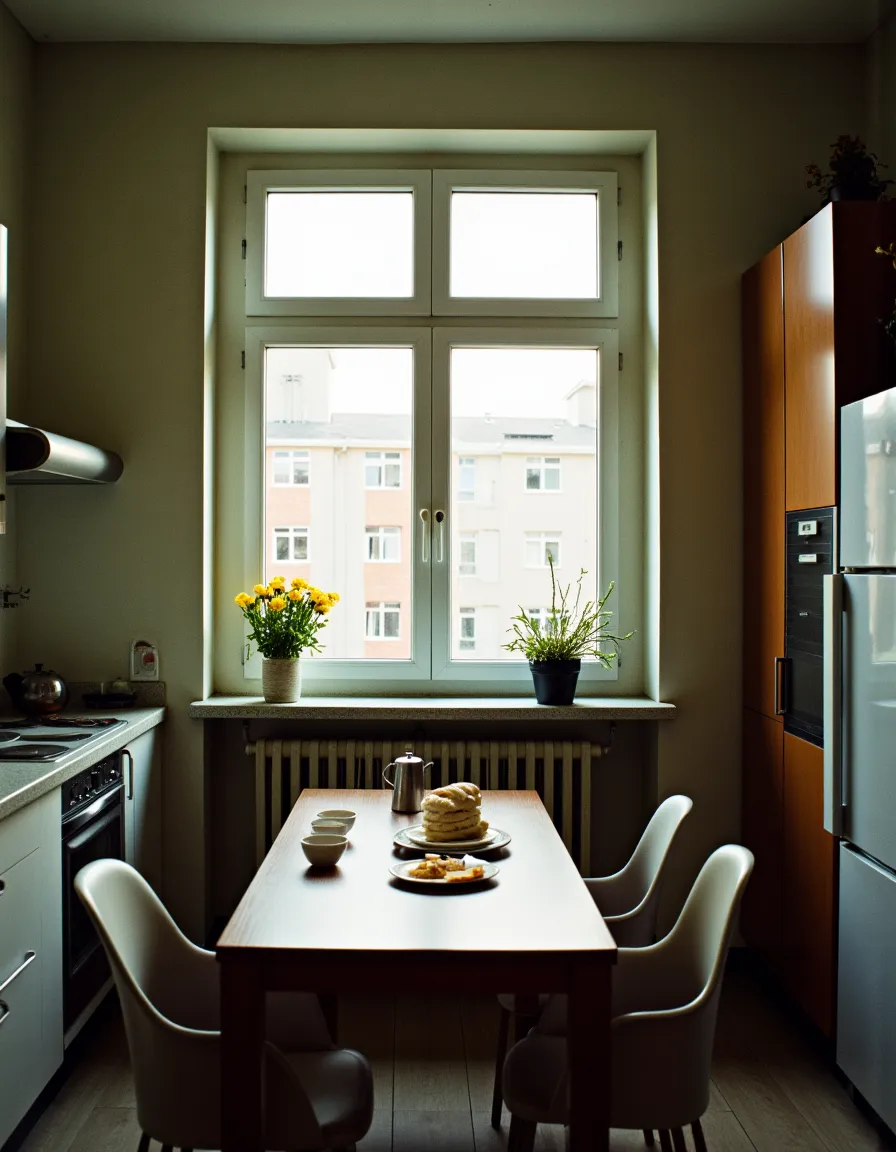 Kitchen interior of a 1990s Russian apartment featuring a wooden table with tea and bread, white chairs, potted flowers on the windowsill, cabinets, and a window showing nearby apartments.