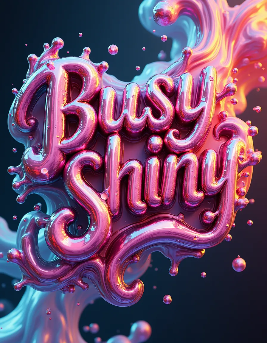 Glossy 3D flowing liquid text reading 'BusyShiny Style' with vibrant pink and purple hues and shiny reflective surfaces.