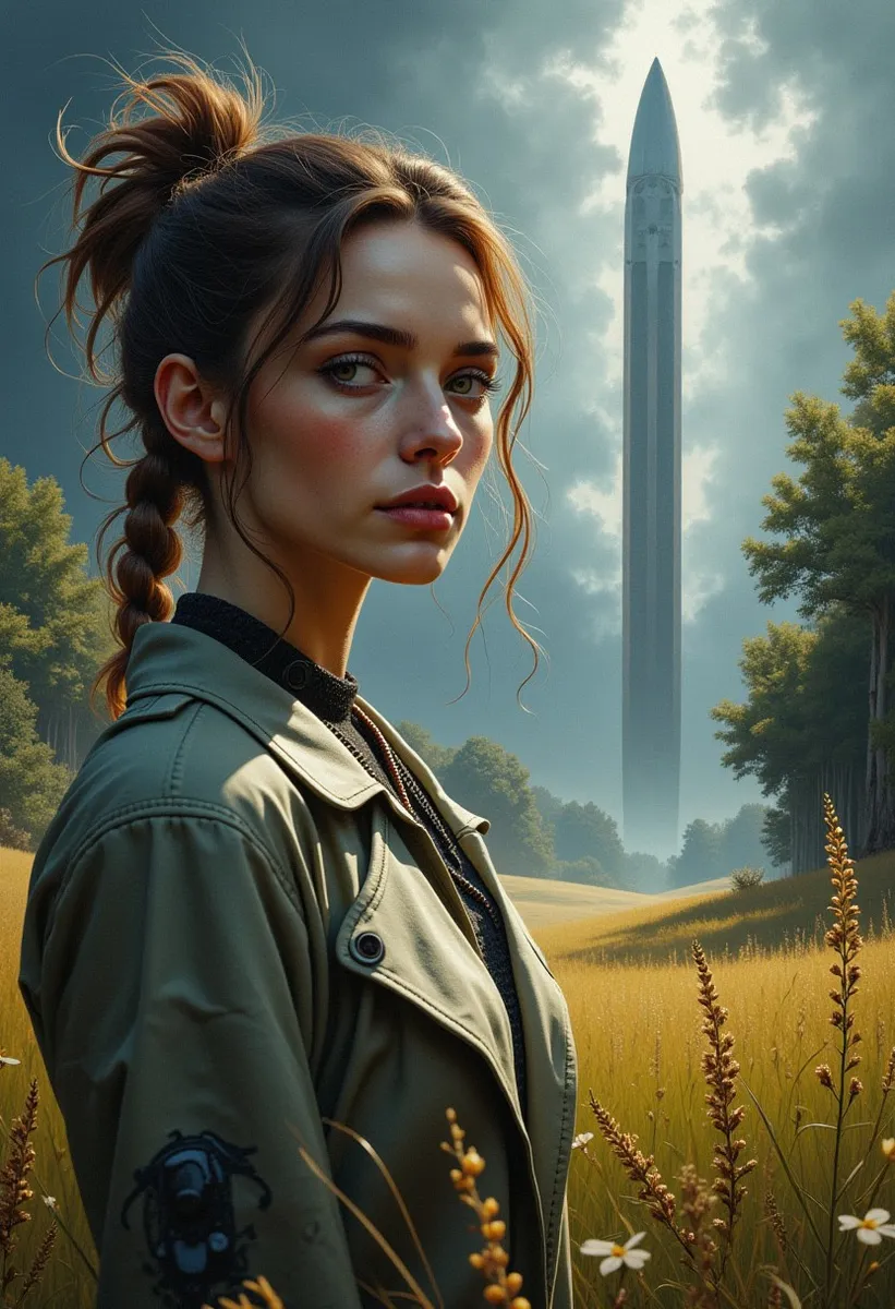 Closeup portrait of a beautiful cosmos scientist looking at the viewer, standing in a misty meadow with gnarly willow trees and a gigantic levitating vertical unidentified object in the background, rendered in ultra realistic oil painting style.