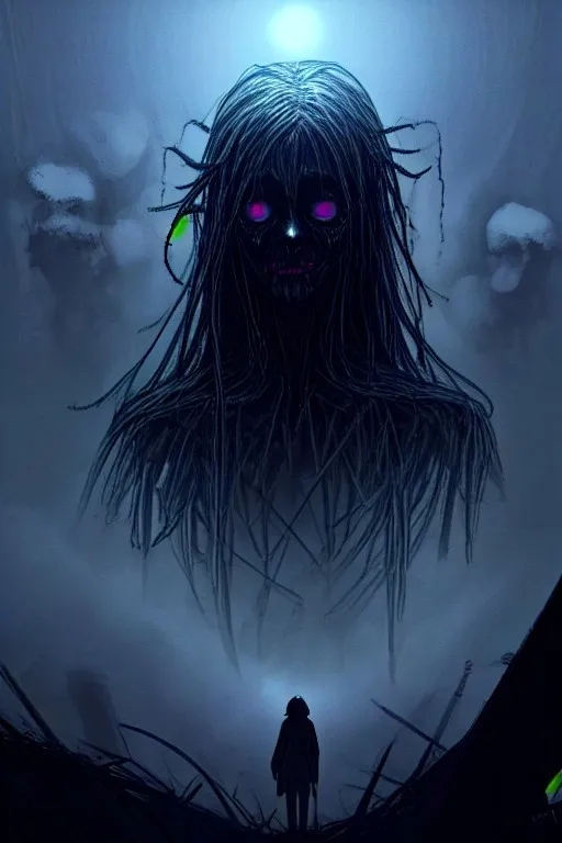 A gigantic, creepy alien figure with glowing pink eyes and tangled hair looms over a small silhouetted human figure in a foggy, eerie night setting inspired by H.P. Lovecraft.