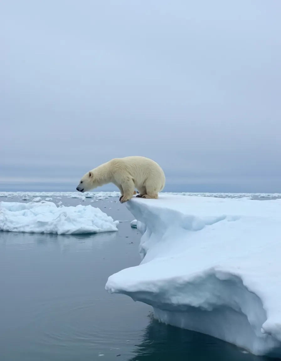 A polar bear standing on the edge of a snowy iceberg in calm Arctic waters under an overcast sky.