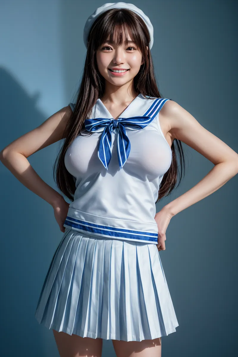 Smiling young Japanese woman wearing a white sailor uniform with blue ribbons and a white pleated skirt, long dark hair, and a white beret.