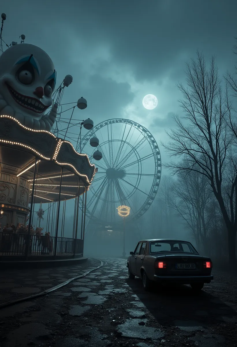 An abandoned carnival at dusk featuring a creepy clown statue, dimly lit Ferris wheel, and a foggy, eerie atmosphere with a parked vintage car on wet pavement.
