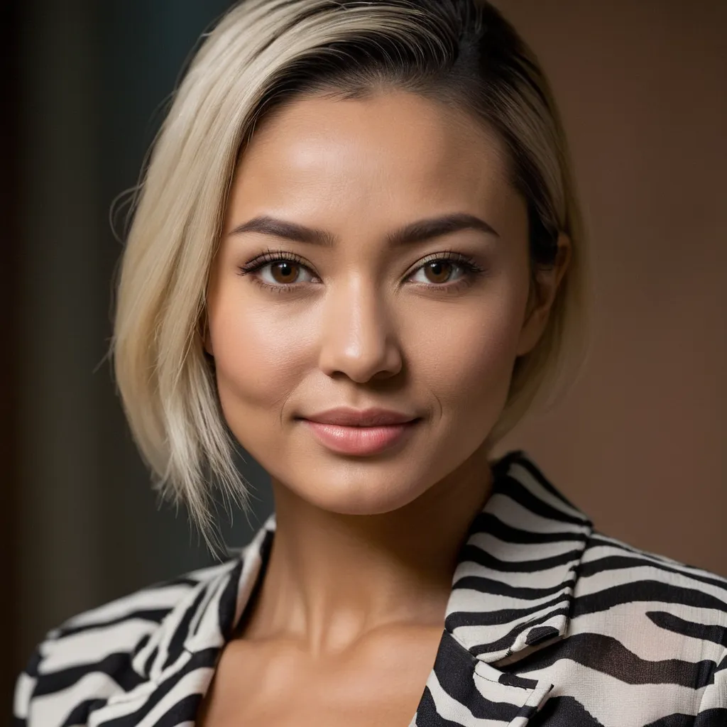Close-up portrait of a young Uzbekistan woman with platinum bobbed hair, brown wide eyes, and a zebra print jacket, lit cinematically with vibrant colors.