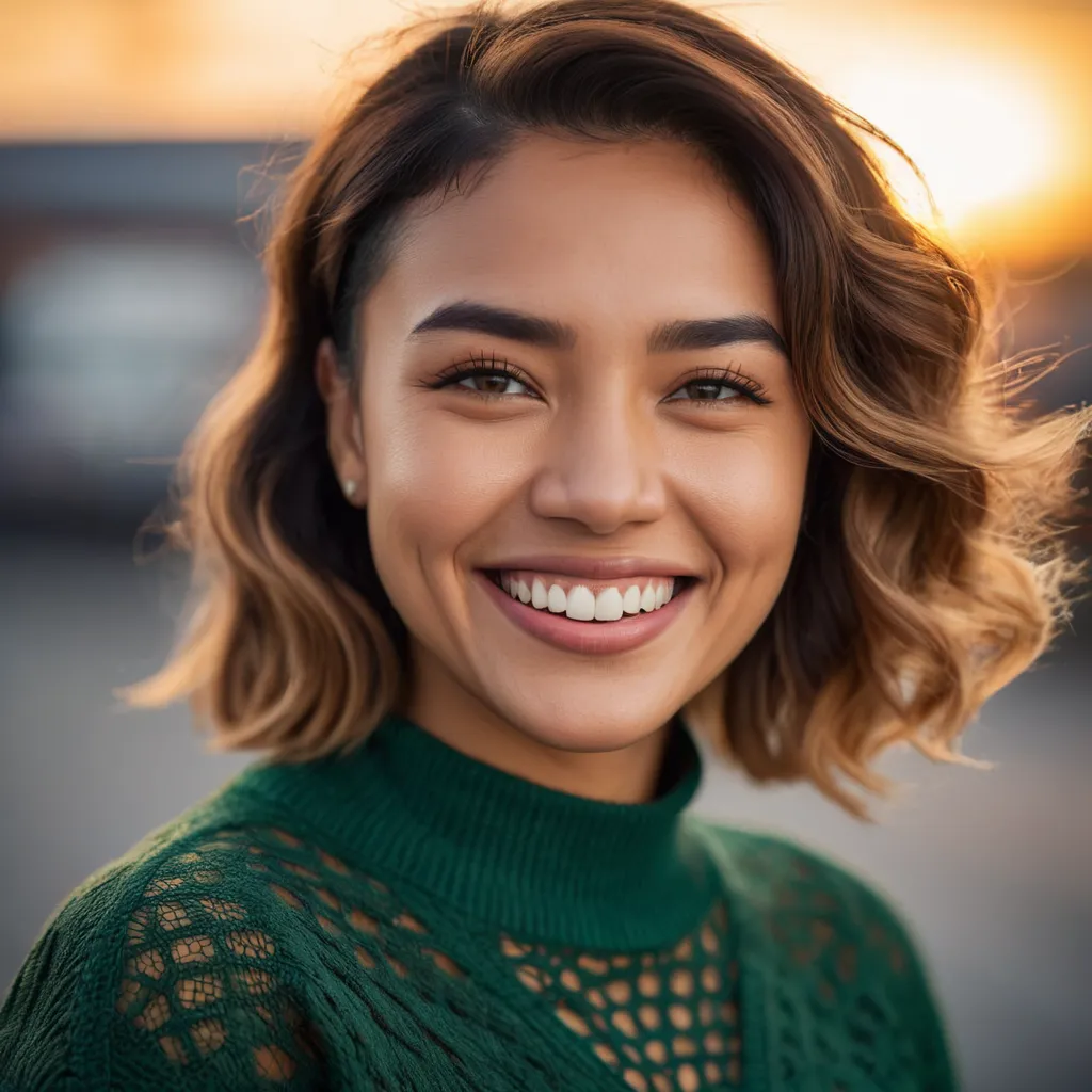 Close-up smiling young woman with short golden wavy bob hair and brown eyes wearing a green sweater dress, illuminated by cinematic sunset lighting.