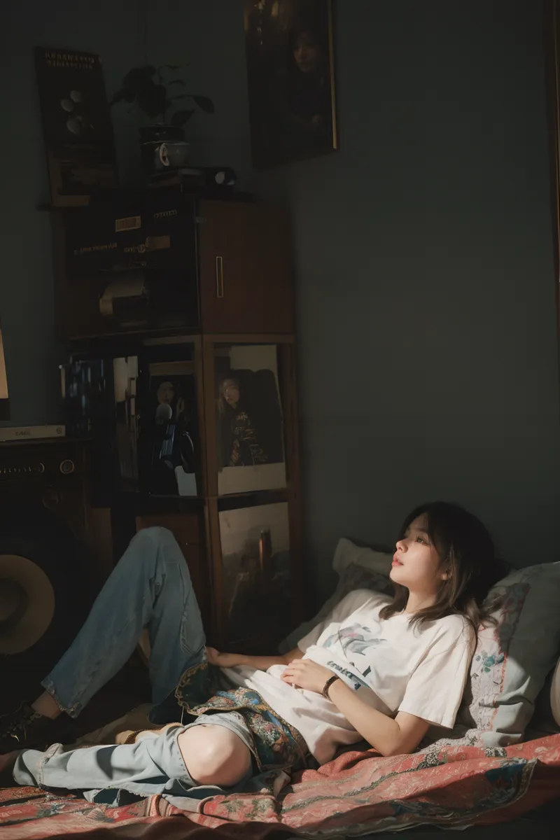 A photorealistic image of a young woman lying on a bed indoors, illuminated by soft natural light, wearing casual clothing with reflective surfaces in the room.