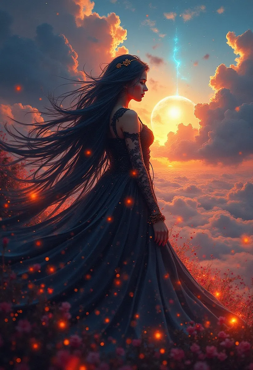 Ethereal woman with long flowing hair in a dark lace dress standing amid glowing fireflies at sunset above clouds with a glowing orb and streak of blue light in the background.