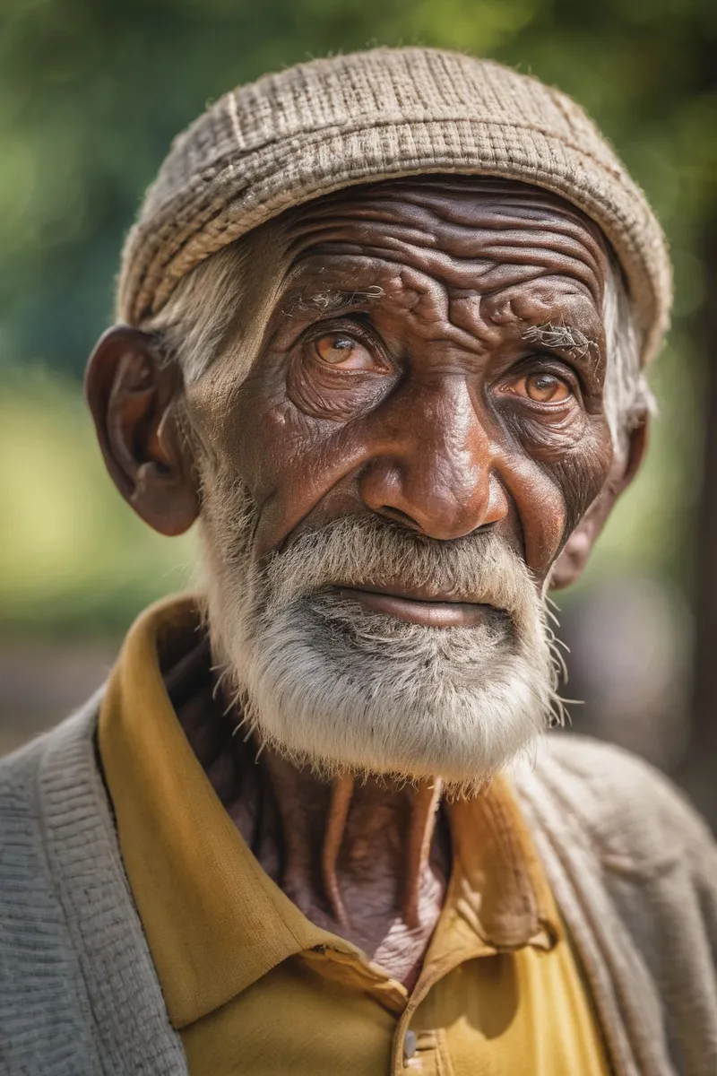 Photorealistic close-up portrait of an old man with a white beard and woven hat, standing in a sunlit park with blurred green bokeh background, eyes sharply in focus.