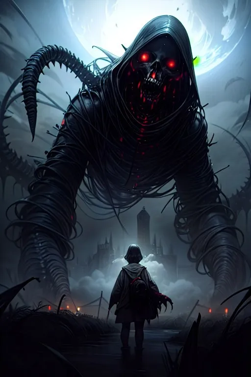 A massive Lovecraftian monster with glowing red eyes and a skeletal face looms over a lone figure standing under a foggy night sky with a dark castle in the background.