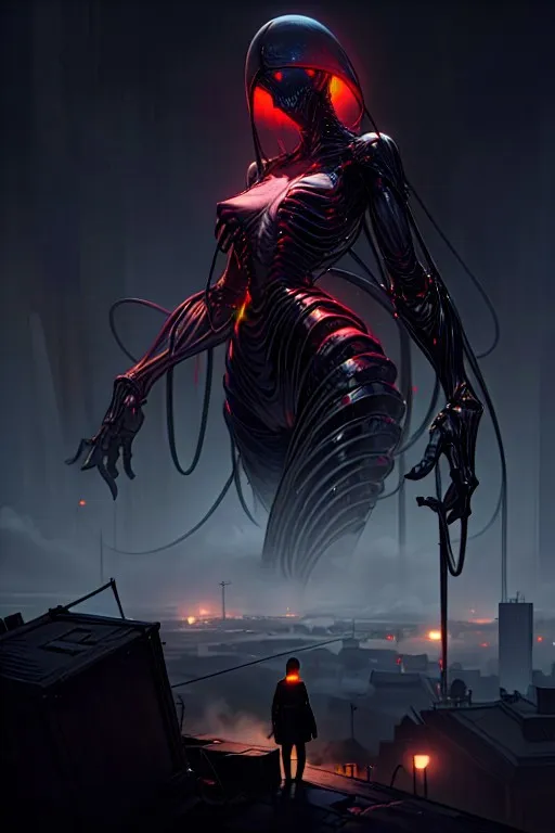 Gigantic creepy alien figure towering over a foggy cityscape under a night sky, with an eerie red glow and dark horror elements.