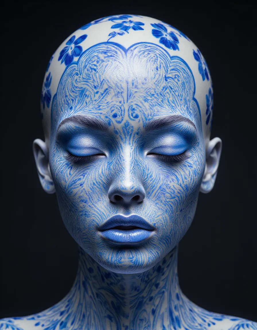 Digital sculpture of a woman's face and neck painted in intricate blue porcelain-style patterns with closed eyes signaling calm.