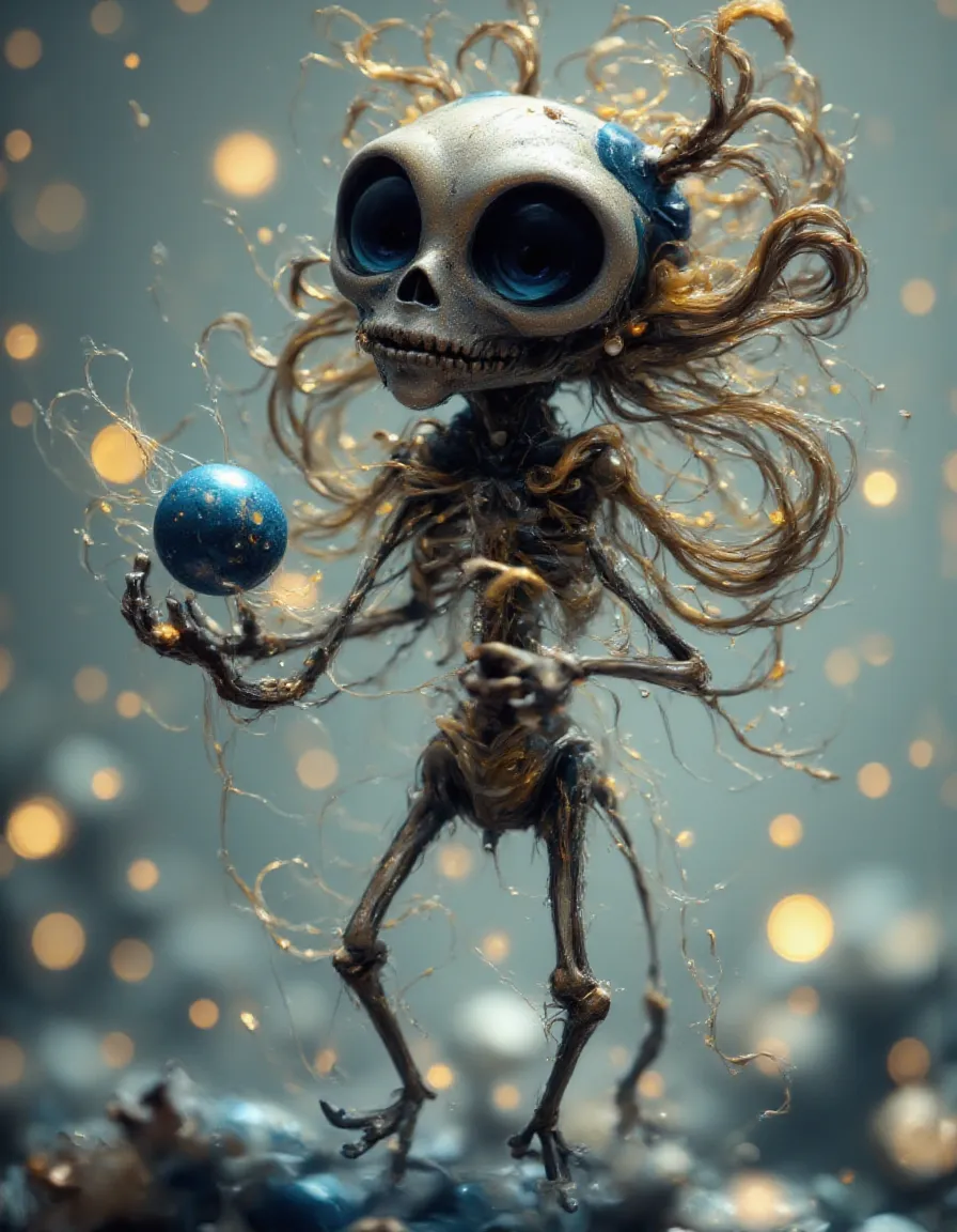 A surreal, skeletal alien-like creature with a large skull and deep black eye sockets, standing on thin legs with intricate threads hanging from its body, holding a shimmering blue orb, surrounded by a glittering, softly lit background.