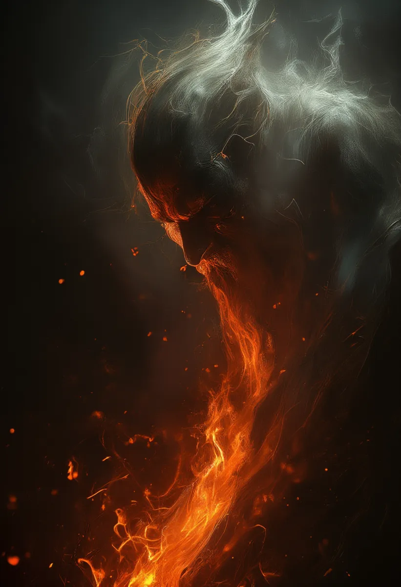 Digital artwork of a fiery portrait glowing with intense orange flames and deep shadows creating a dramatic, expressive atmosphere.