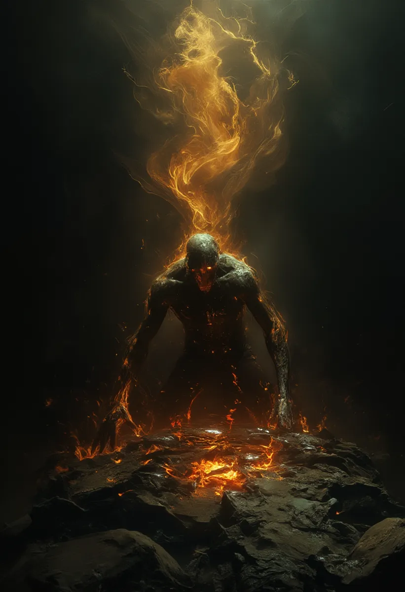 A dark, fiery figure emerges from a rocky surface, with glowing embers and flames swirling upward, set against a deep shadowy background evoking intense drama.