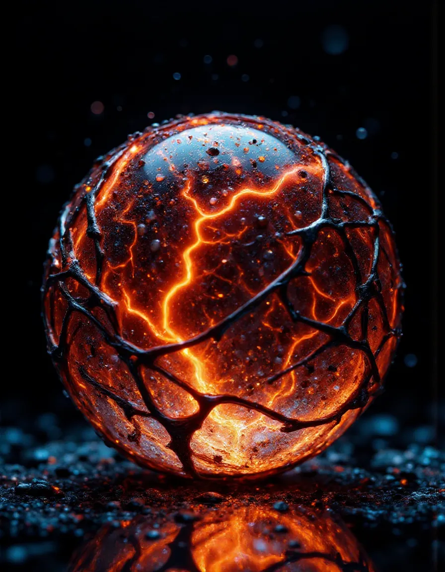 A glowing fireball orb with bright orange and red lava-like cracks wrapped in an organic metal mesh, reflecting on a dark surface.