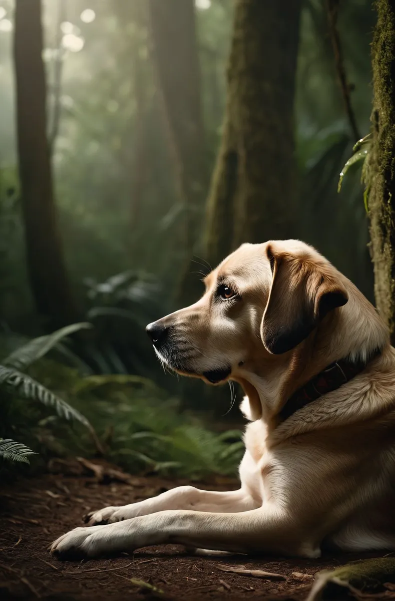 Photorealistic profile shot of a defeated old dog lying on the forest floor in a dark lush jungle, with glossy eyes and cinematic dramatic lighting.