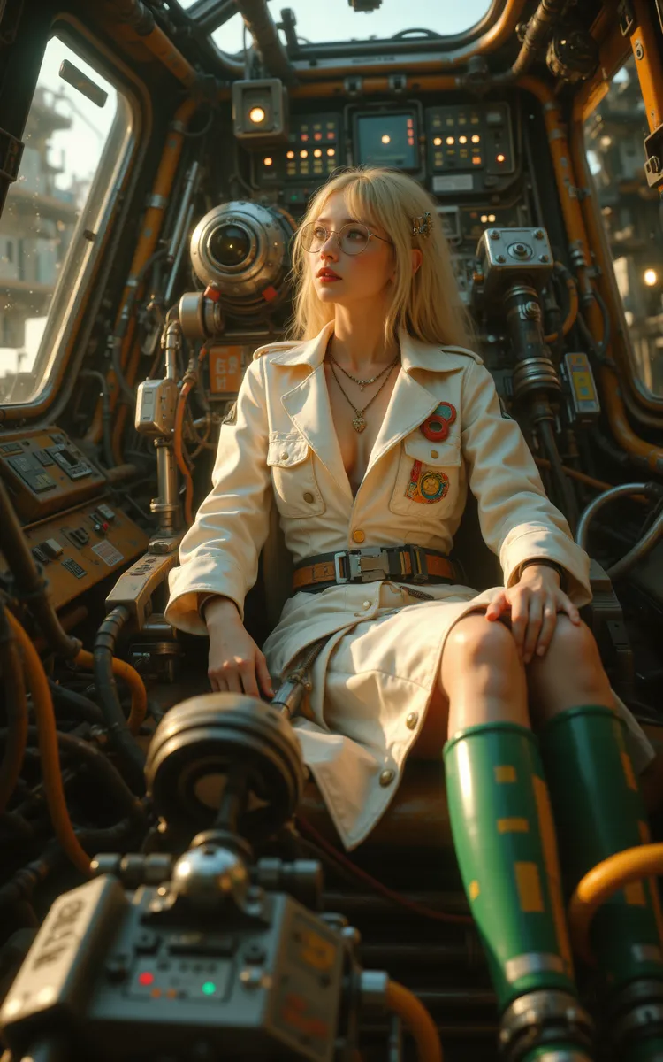 A woman with long blonde hair and glasses sitting in a sci-fi diesel punk cockpit surrounded by machinery and controls, illuminated by golden hour light.