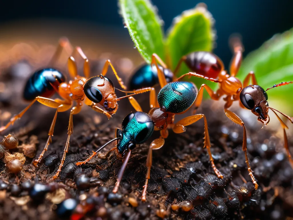 Close-up macro photography of colorful ants on soil with detailed textures and a green leaf in the background.