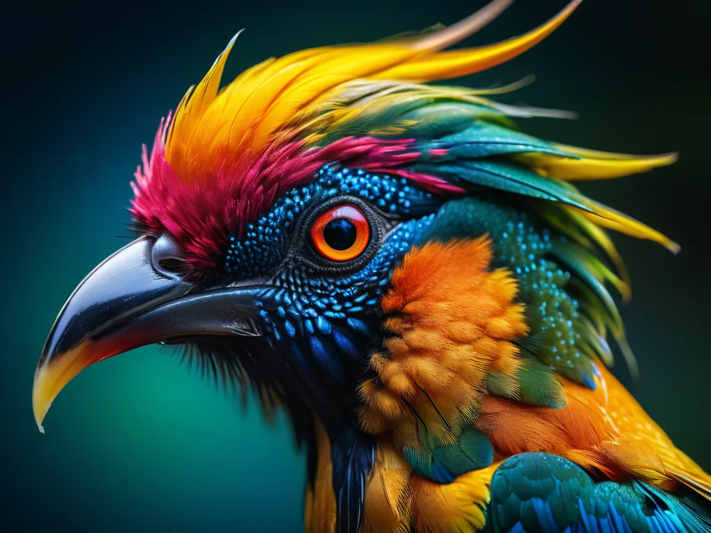 Close-up macro photography of a majestic exotic bird head with colorful feathers in sharp focus and intricate details.