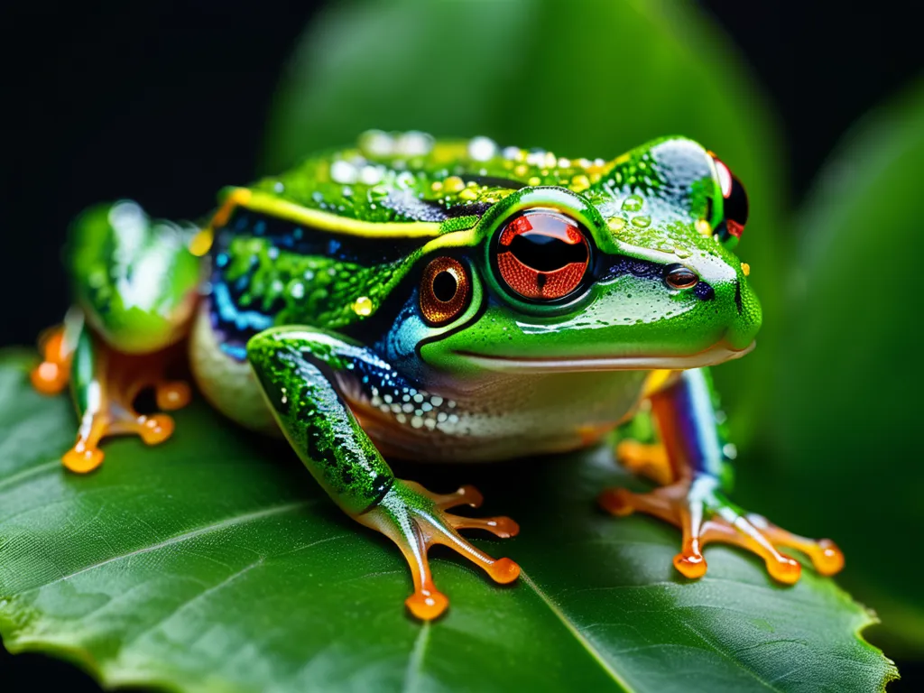 Close-up macro photography of a colorful frog on a green leaf showing intricate skin and eye details with water droplets