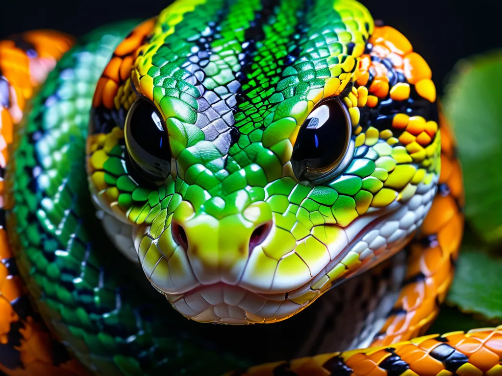 Close-up macro photography of a poisonous snake head showing colorful and highly detailed scales with sharp focus on the eyes and skin texture.