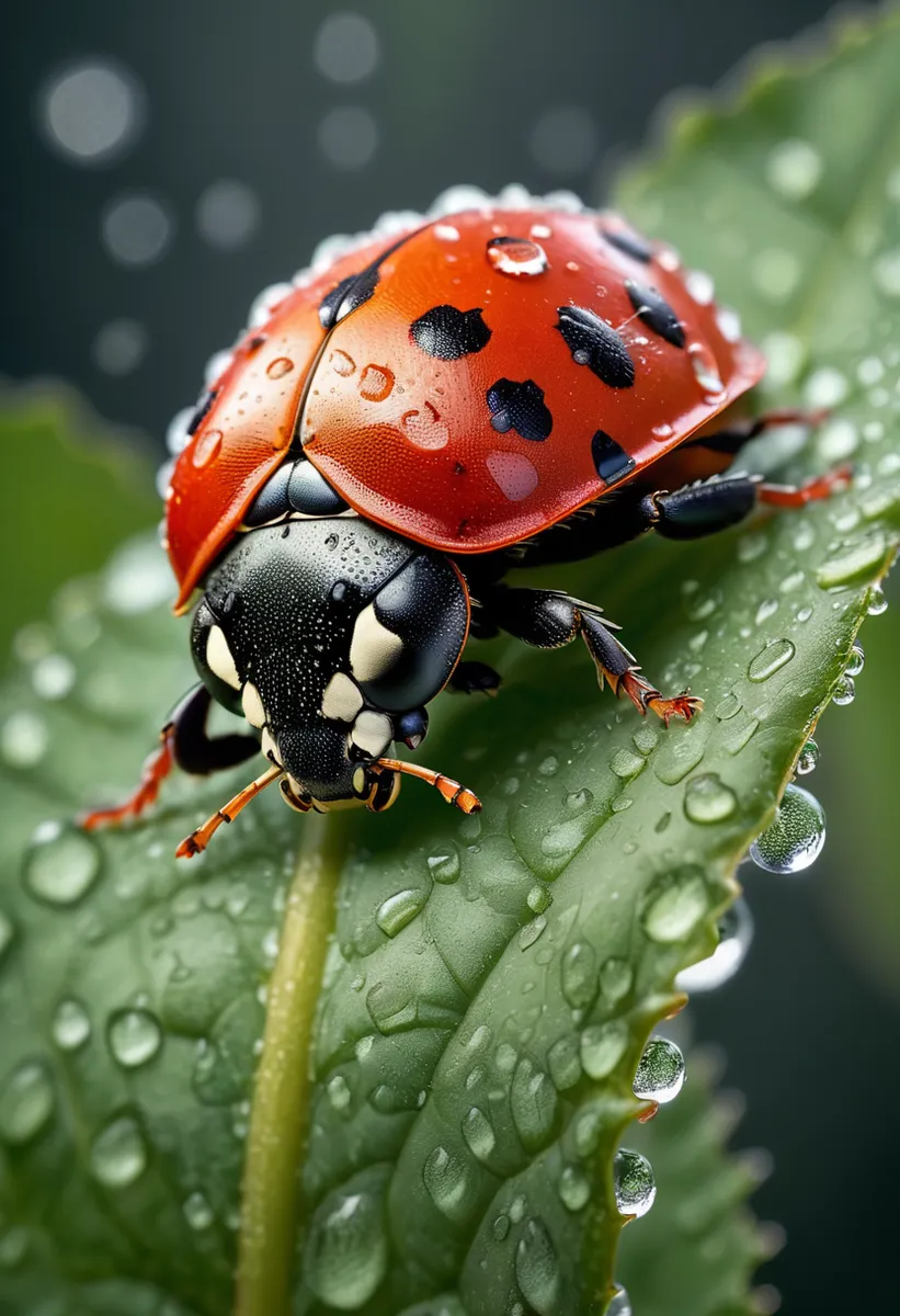 Ultrarealistic close-up of a ladybug covered in dew drops sitting on a green leaf under a summer atmosphere.