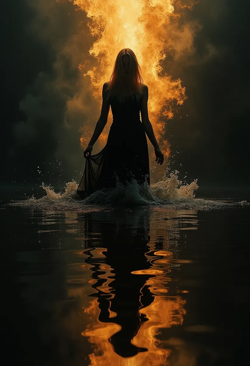 Silhouette of a woman standing in water with a large fiery golden plume behind her, her reflection visible in the water below