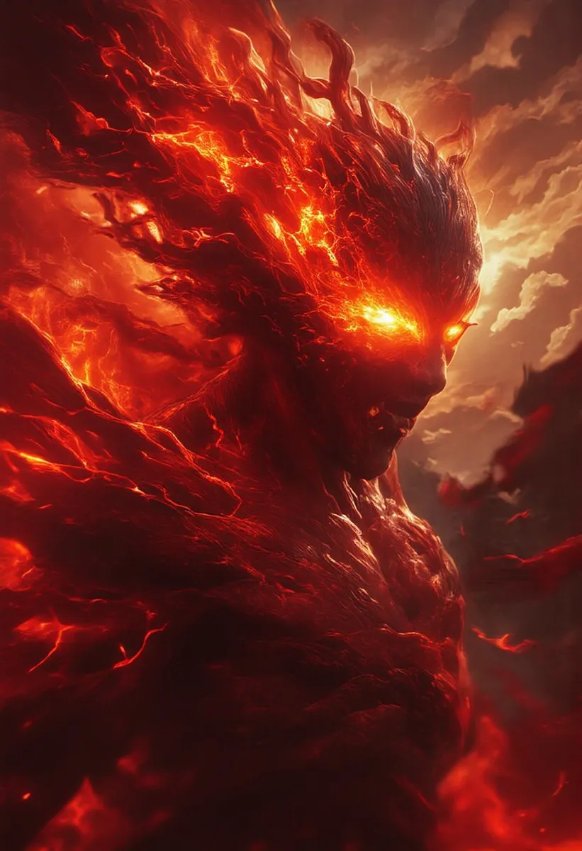 A powerful female demon with bright fiery hair and glowing burning eyes, her red skin and muscular body illuminated by blazing flames in a dramatic scene.