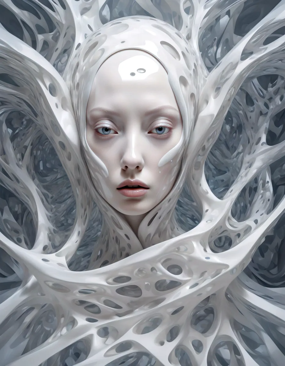 A surreal portrait featuring a woman's face merged with beluga whale-like smooth white textures, surrounded by floating, porous geometric shapes creating a warped, gravity-defying environment.