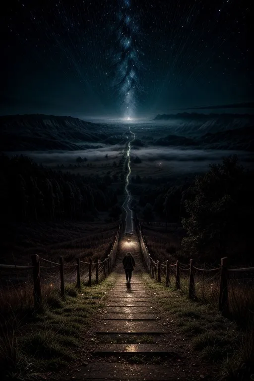 A lone figure walking on a wooden pathway through a dark, foggy landscape under a starry night sky with the Milky Way visible and an eerie atmosphere.
