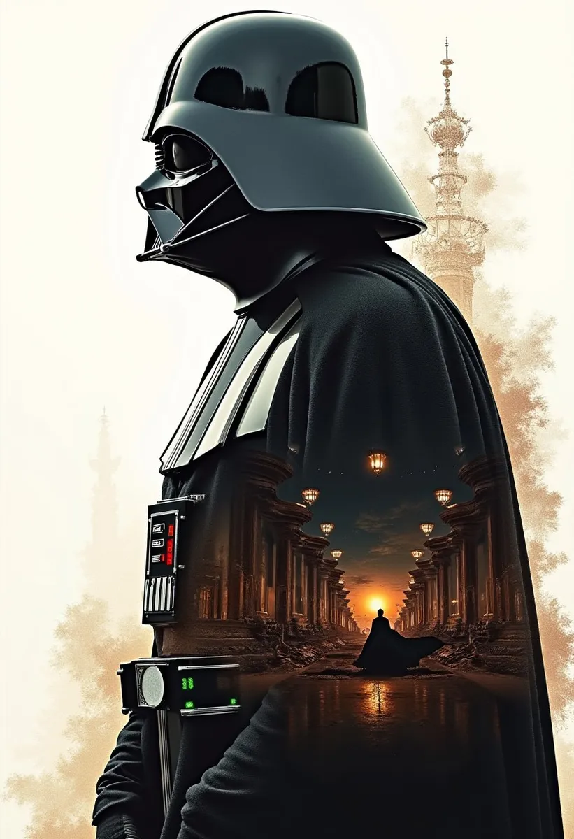 Cinematic close-up of Darth Vader with a double exposure showing a sunset-lit corridor and a cloaked figure walking away.