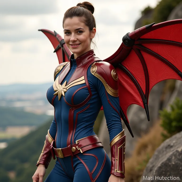 A woman with a dark updo hairstyle cosplaying in a red and blue shield costume with large, red gravity wings attached to her back, smiling outdoors.