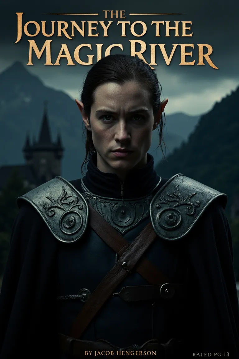 A dark fantasy movie poster featuring a stern elf wearing intricately designed metal armor and a cross-strapped leather harness, standing before a dark mountainous landscape with a castle atop the peak, titled 'The Journey to the Magic River' by Jacob Hengerson.