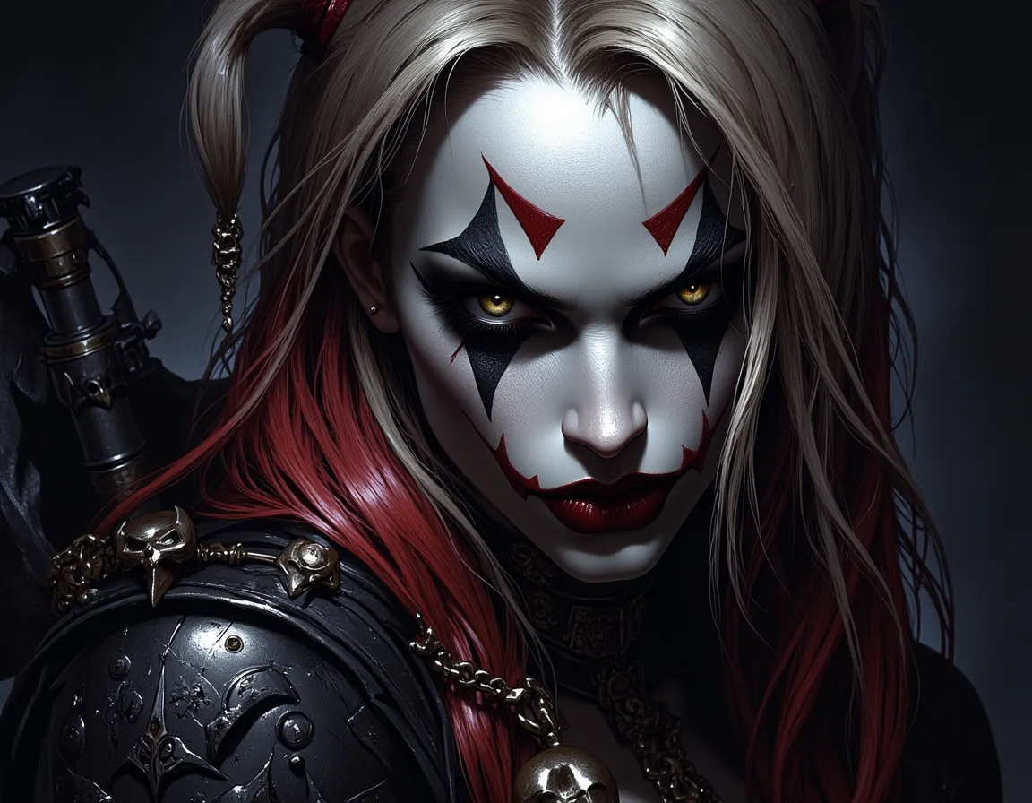 Detailed portrait of Harley Quinn with dramatic chiaroscuro lighting, painted face with red and black makeup, wearing dark fantasy armor.