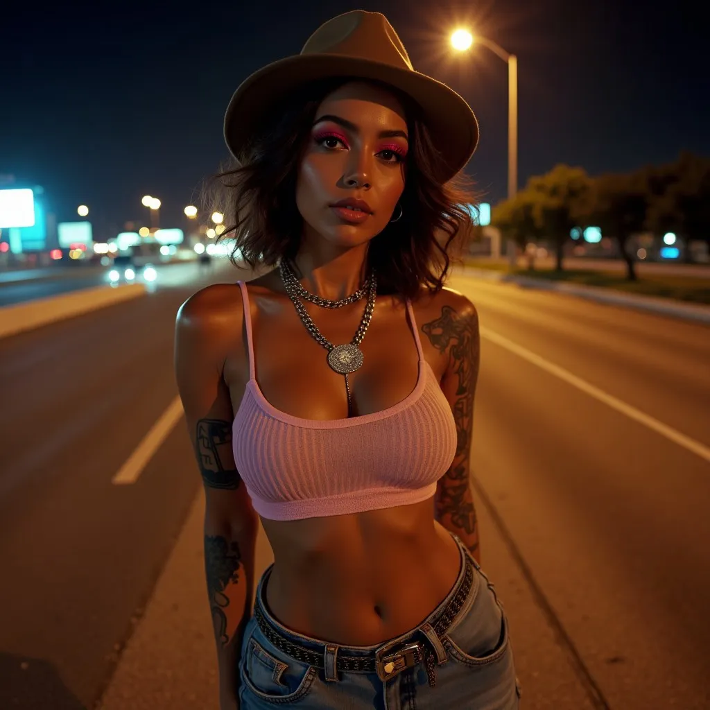 Curvaceous Latin woman with short wavy hair wearing pink sports top, fedora, heavy bling necklace, loose jeans, and tattoos, standing confidently on a highway at night under streetlights