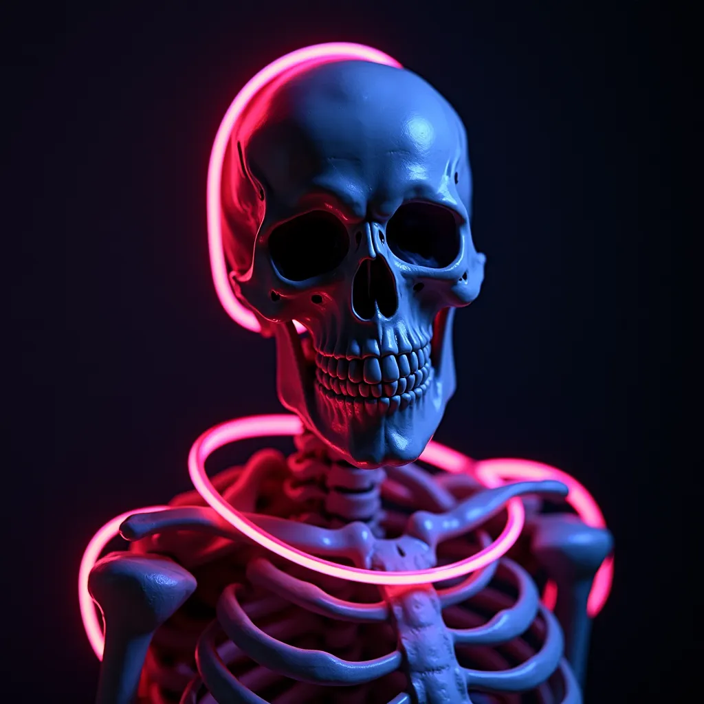 A detailed skeleton with an angry expression illuminated by glowing pink neon string loops against a dark background.
