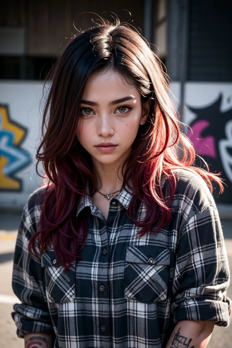 Portrait of a confident young woman with colorful hair, wearing an oversized flannel shirt, standing against a vibrant graffiti backdrop with light beams streaming through haze.