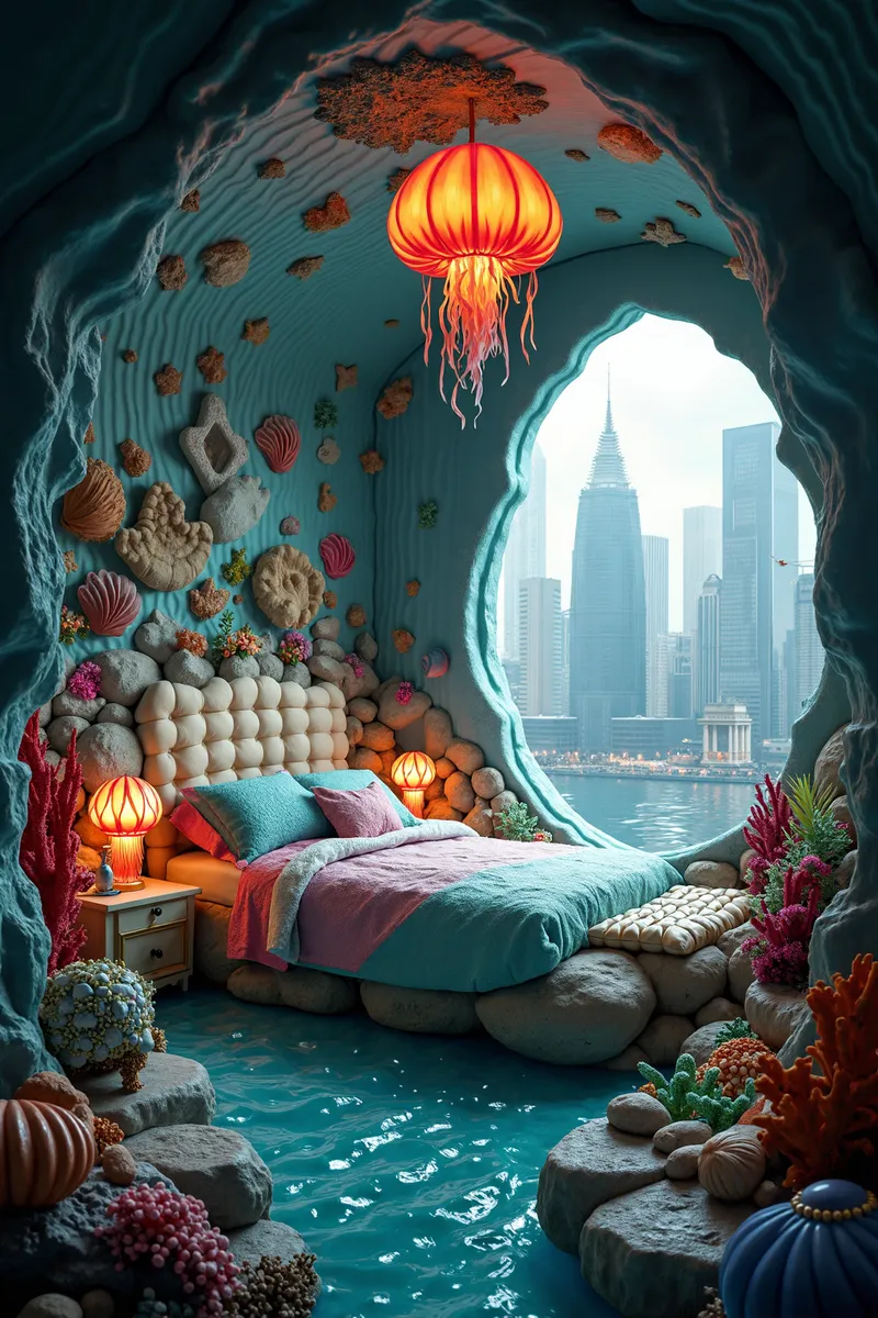 Underwater bedroom with a stone bed adorned with shell-patterned linens, glowing jellyfish lamps, coral accents, and a window showing a cityscape.