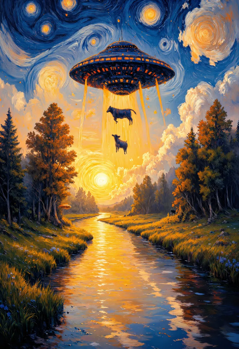 Impressionist style painting featuring a UFO hovering over a forest landscape at twilight, with two cows being abducted by beams of light amid swirling starry skies.