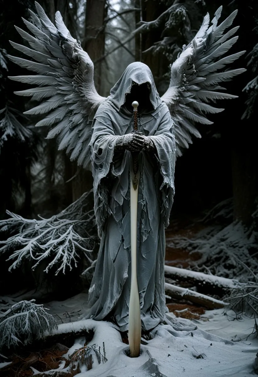 Hooded death angel figure with dark, large wings holding a detailed sword standing in a snowy winter forest.