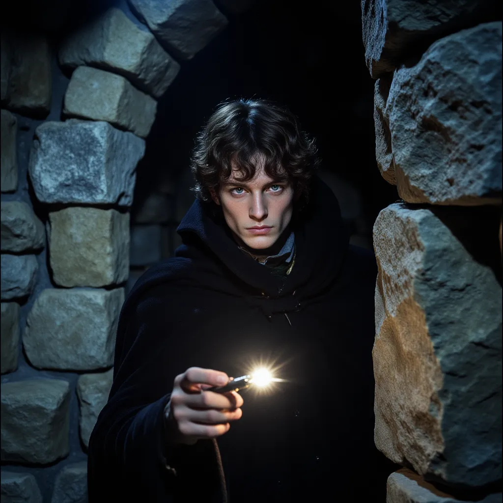 A young wizard wearing a dark cloak hides behind a stone wall in a dungeon, holding a glowing wand as a light source with intense dark gold eyes.