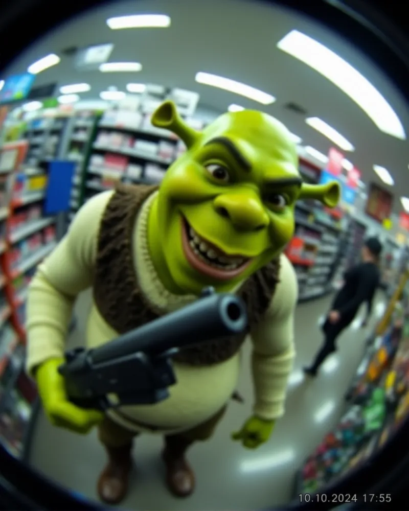 Blurry fisheye lens surveillance shot of evil Shrek holding a shotgun and smiling menacingly inside a store aisle, with a timestamp caption on the top.