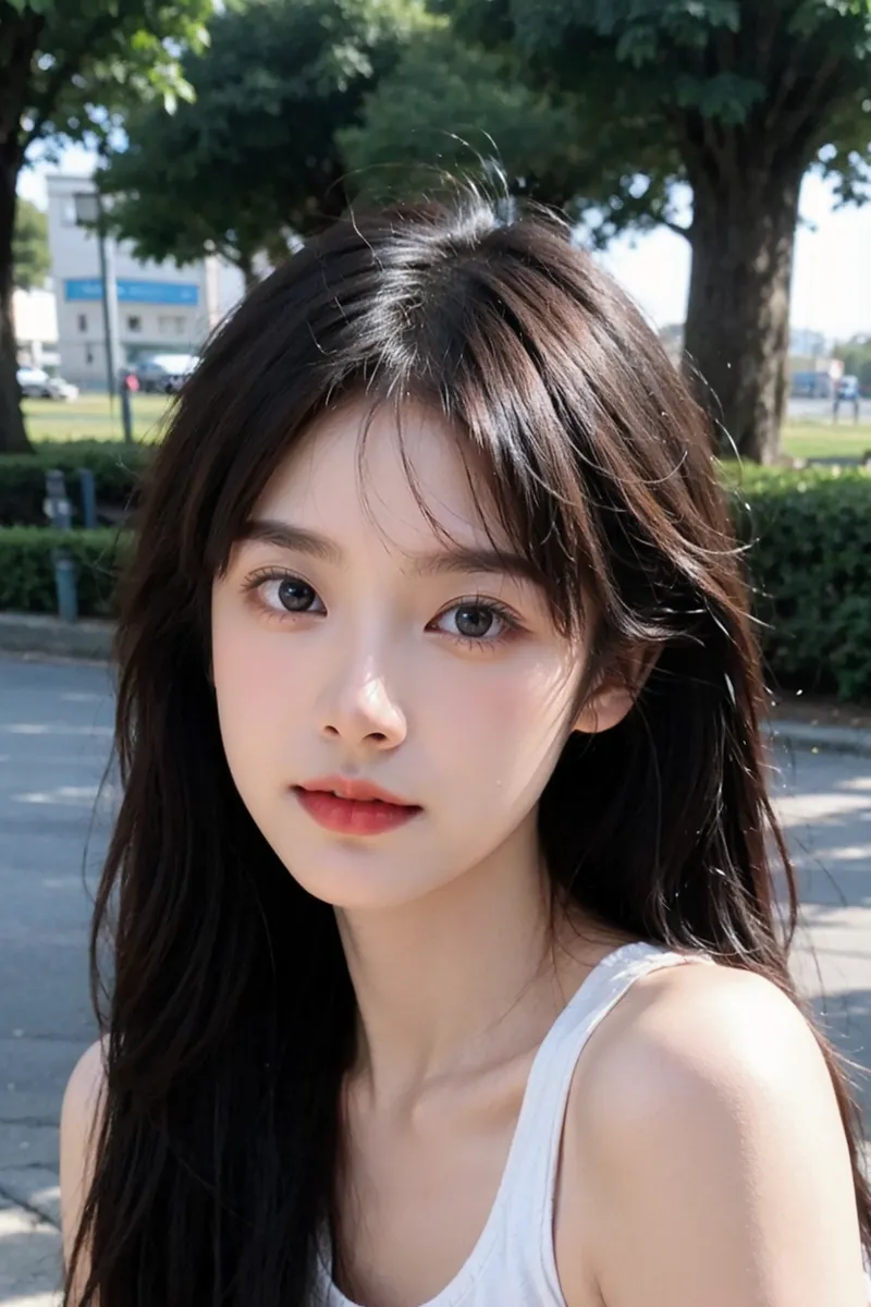 Photorealistic close-up portrait of a young woman with black long straight hair and brown eyes, outdoors in soft natural light wearing a white tank top.